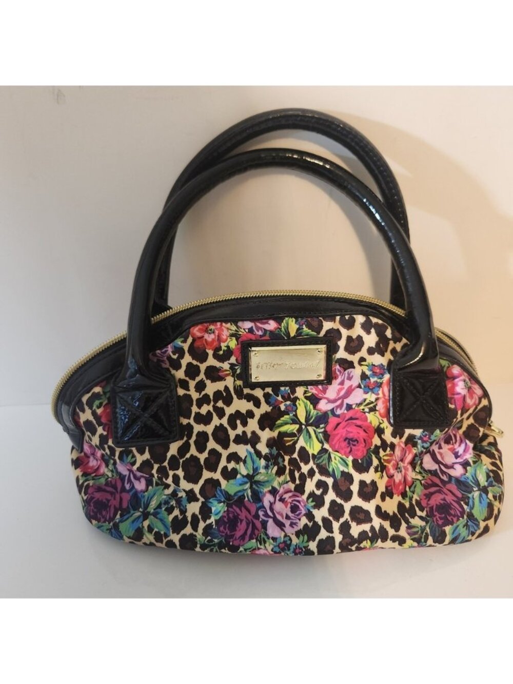 Betsey Johnson Leopard Floral Rose Dome Satchel Handbag Black Patent Trim